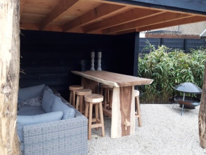 Boomstambartafel 180cm met 6 krukken rond