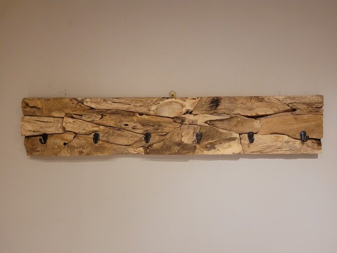 Teak wandkapstok 130x25cm - Wortelhout