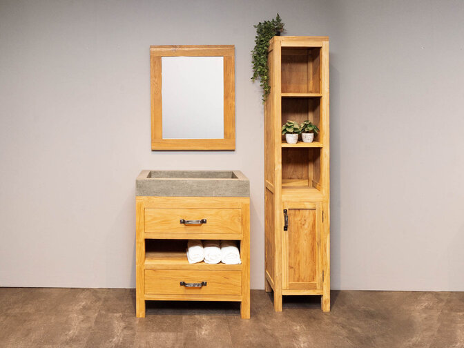 Houten badkamermeubel set 80cm Naturel incl  kast, spiegel & wasbak