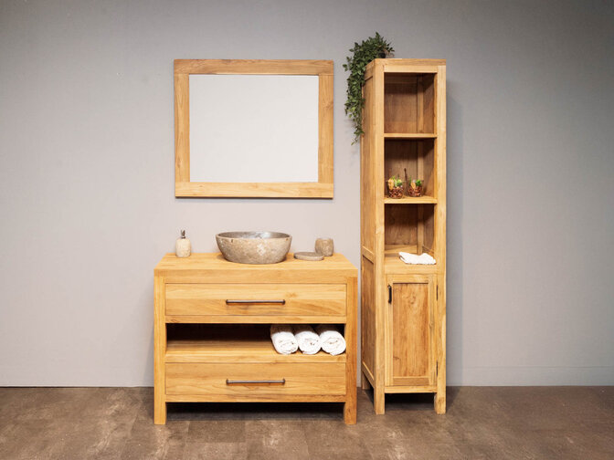 Teak badmeubelset 110cm Naturel met  kast, spiegel & waskom