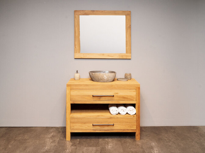 Teak badkamermeubelset 110cm Naturel incl  spiegel & waskom