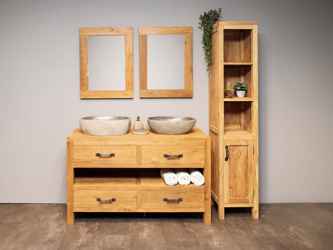 Badmeubel set 140cm Naturel incl kast, spiegels & waskommen