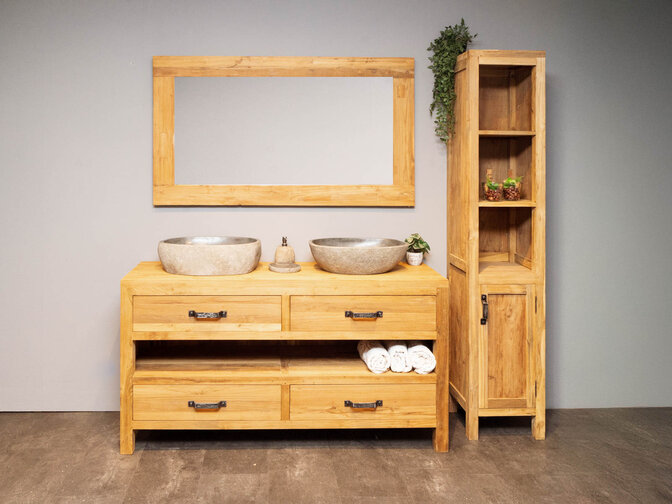 Houten badmeubel set 160cm Naturel incl  kast, spiegel & waskommen