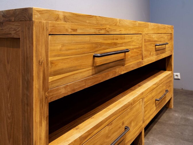 Houten badmeubel set 160cm Naturel incl  kast, spiegel & waskommen