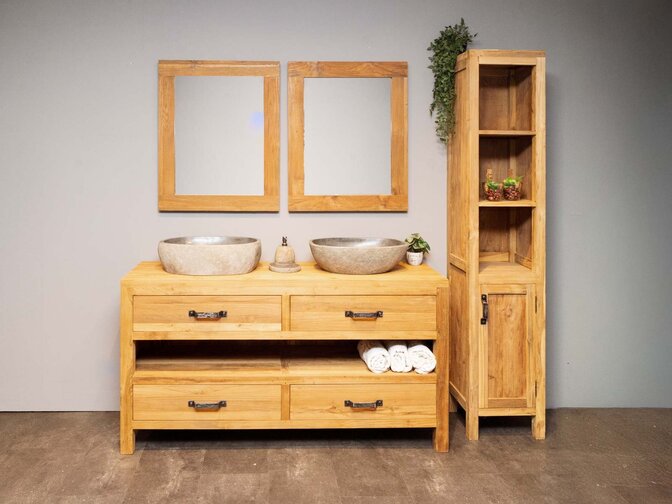 Badmeubelset 160cm Naturel incl kast, spiegels & waskommen