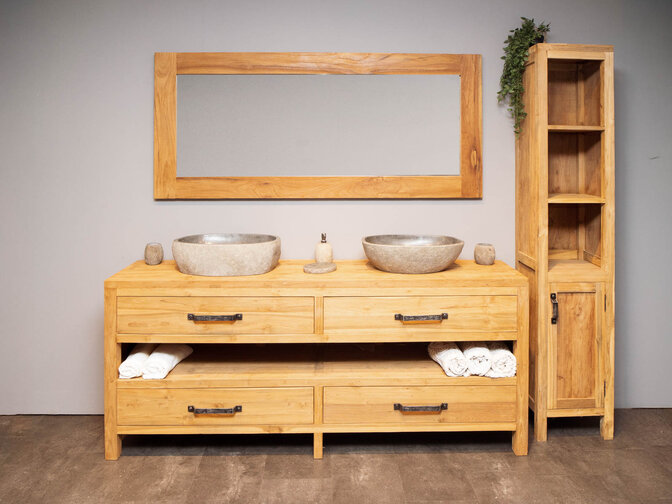 Houten badmeubel set 200cm Naturel incl  kast, spiegel & waskommen
