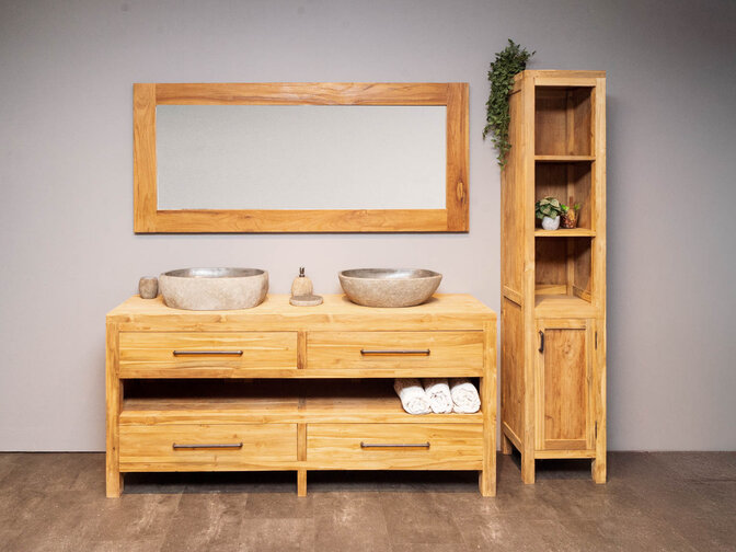 Houten badmeubel set 180cm Naturel incl  kast, spiegel & waskommen