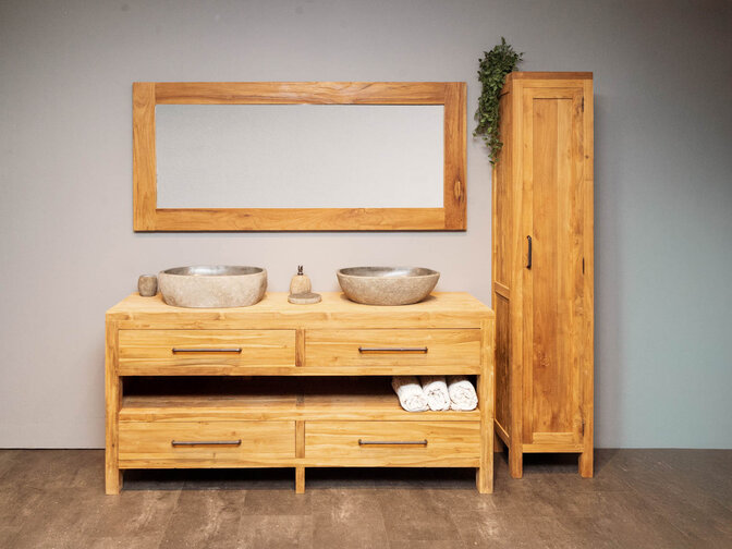 Houten badmeubel set 180cm Naturel incl  kast, spiegel & waskommen