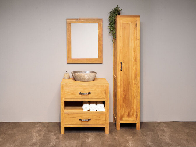 Badkamermeubel set 80cm Naturel incl  kast, spiegel & waskom