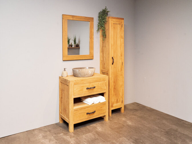Badkamermeubel set 80cm Naturel incl  kast, spiegel & waskom