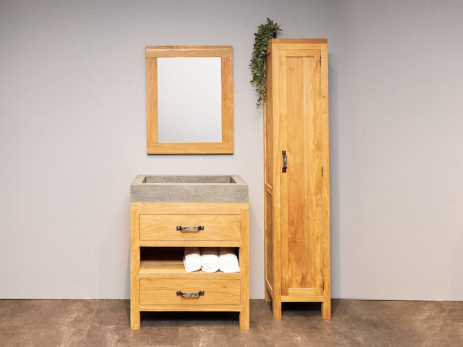 Houten badkamermeubel set 80cm Naturel incl  kast, spiegel & wasbak