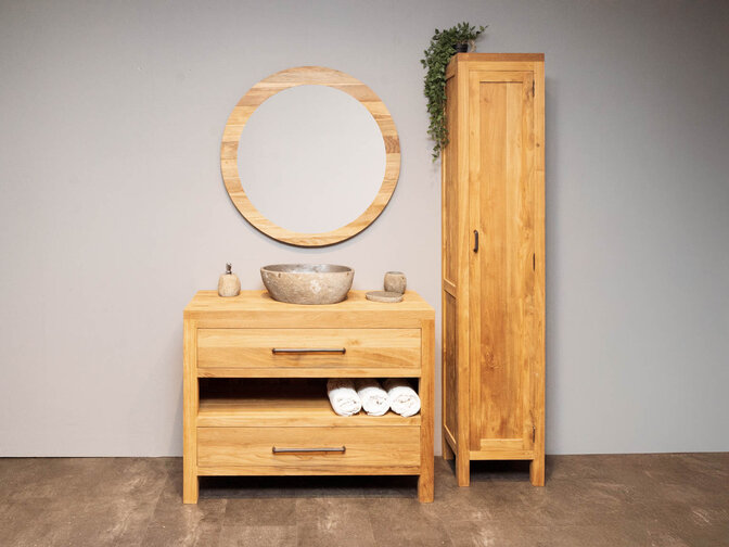 Teak badmeubelset 110cm Naturel incl  kast, ronde spiegel & waskom