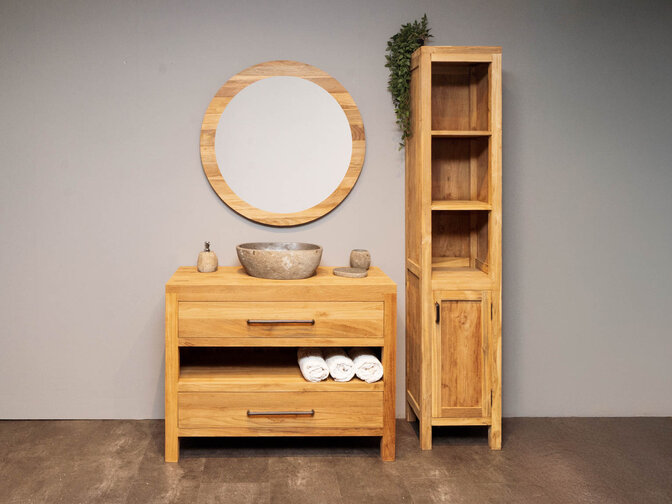 Teak badmeubelset 110cm Naturel incl  kast, ronde spiegel & waskom