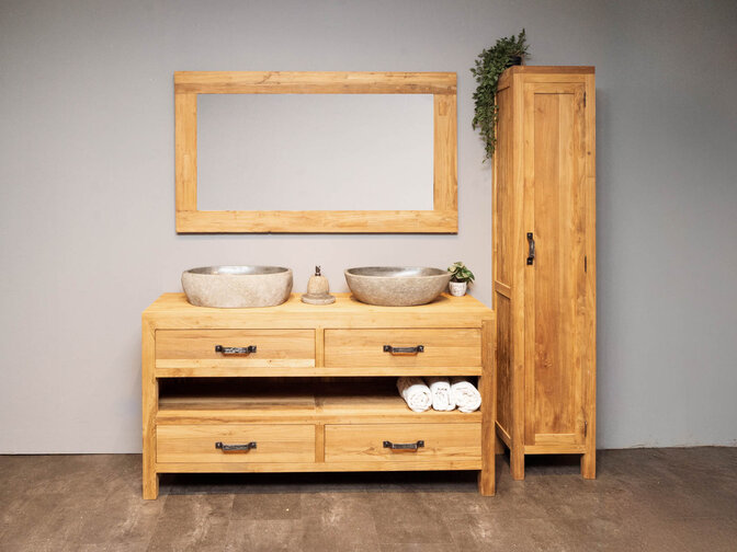 Houten badmeubel set 160cm Naturel incl  kast, spiegel & waskommen