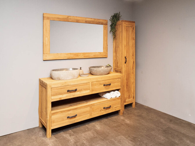 Houten badmeubel set 160cm Naturel incl  kast, spiegel & waskommen