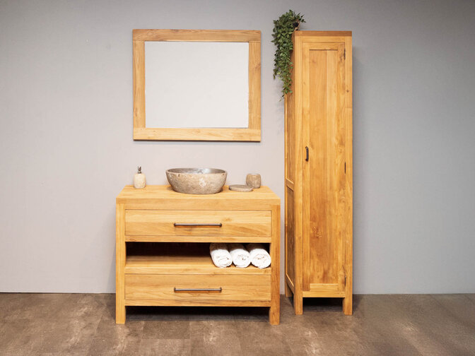 Teak badmeubelset 110cm Naturel met  kast, spiegel & waskom