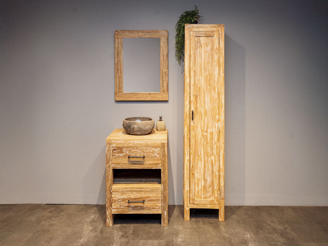 Badkamermeubel set 60cm white wash incl. kast, spiegel en waskom