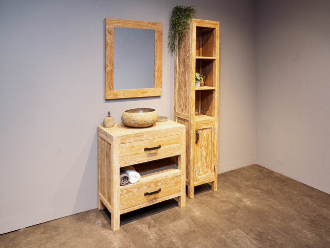 Badmeubel set 80cm White Wash incl  kast, spiegel & waskom