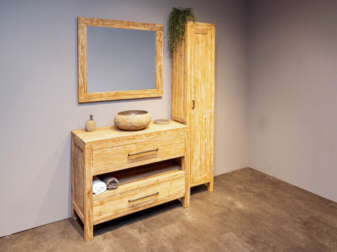 Houten badmeubelset 110cm White Wash incl  kast, spiegel & waskom