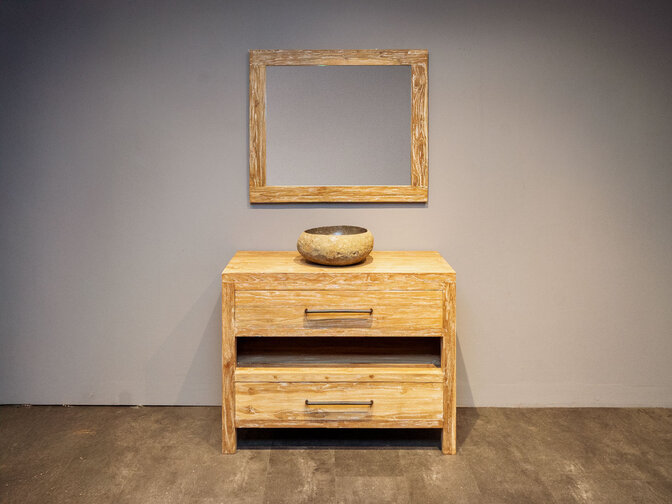 Teak badkamermeubelset 110cm White Wash incl  spiegel & waskom