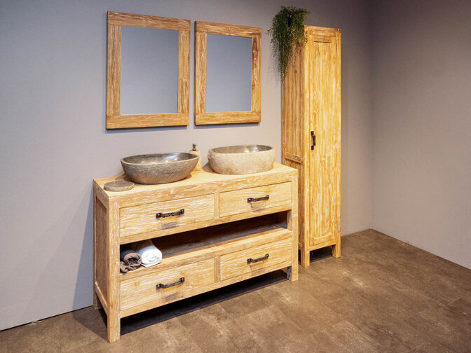 Teak badmeubelset 140cm incl kast, spiegels & waskommen White Wash