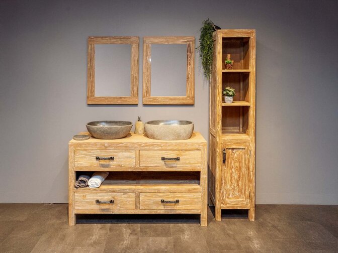 Teak badmeubelset 140cm incl kast, spiegels & waskommen White Wash