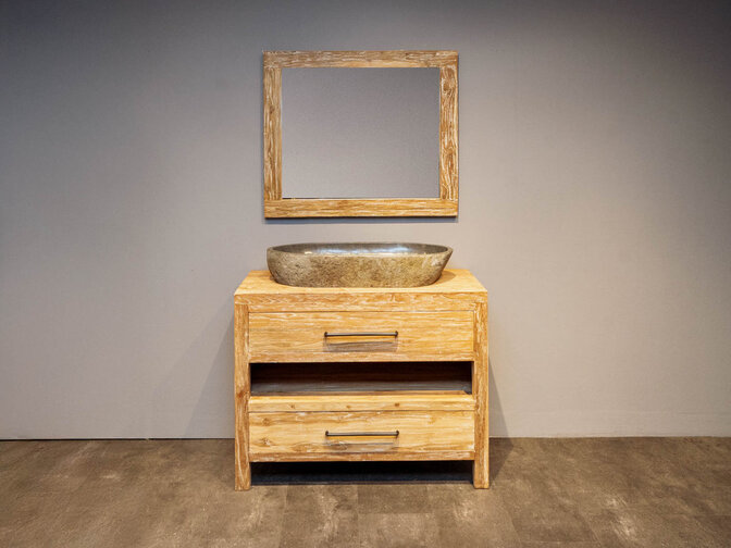 Teak badkamermeubelset 110cm White Wash incl  spiegel & waskom