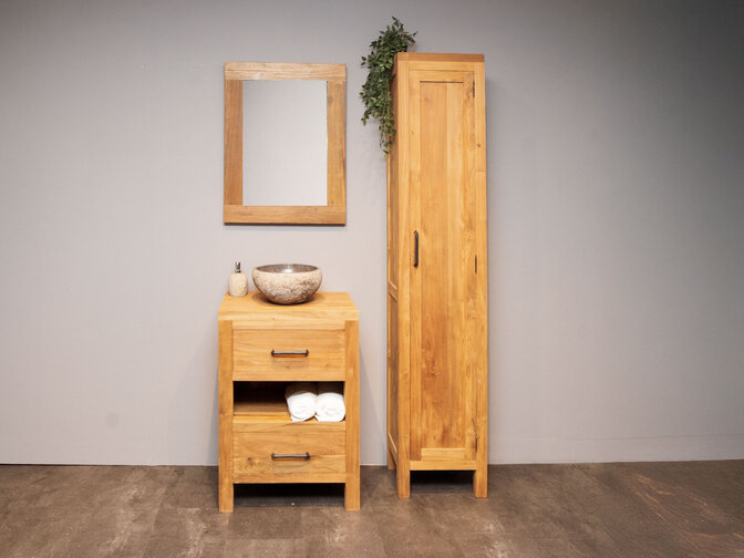 Badkamermeubel set 60cm naturel met kast, spiegel en waskom