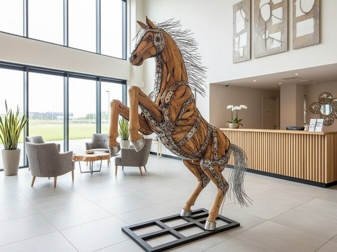 Groot steigerend paard - hout en metaal