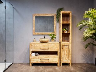 Houten badmeubelset 110cm White Wash incl  kast, spiegel & waskom