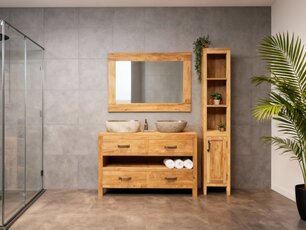 Badkamermeubelset 140cm Naturel incl  kast, spiegel & waskommen