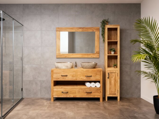 Badkamermeubelset 140cm Naturel incl  kast, spiegel & waskommen