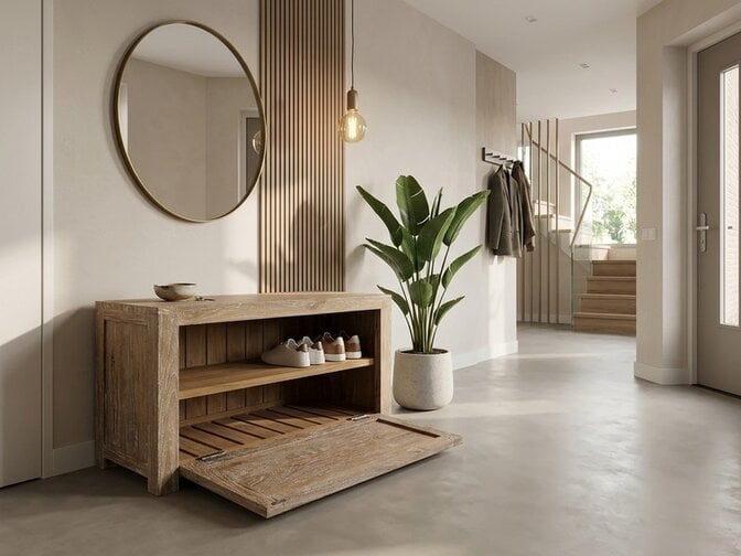 Teak schoenenkastje 90cm - White Wash