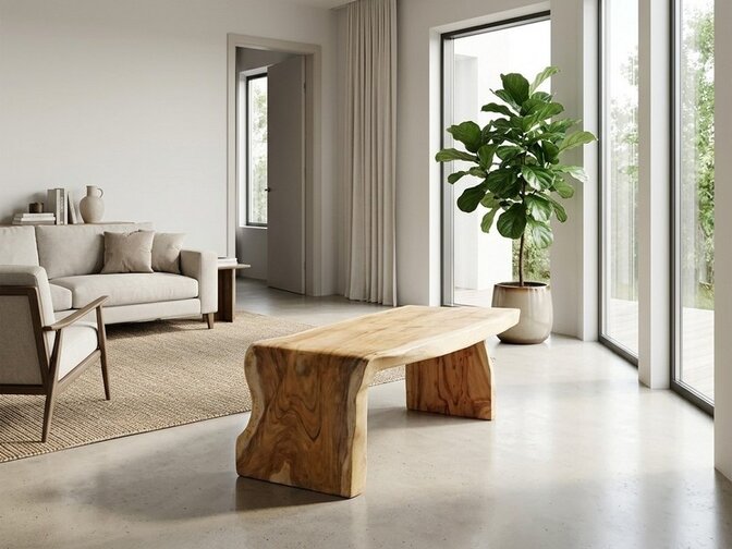 Boomstam salontafel L met 1 vaste poot 50/60x150cm