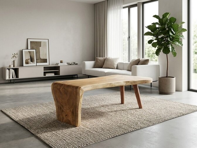 Boomstam salontafel L met 1 vaste poot 55/75x140cm