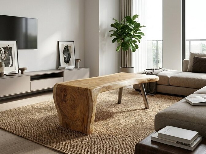 Boomstam salontafel L met 1 vaste poot 50/65x150cm