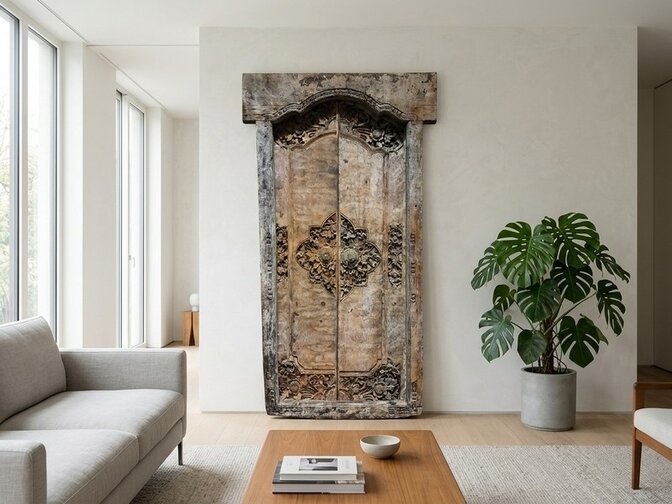Oude Indonesische deur met kozijn - 100x180cm