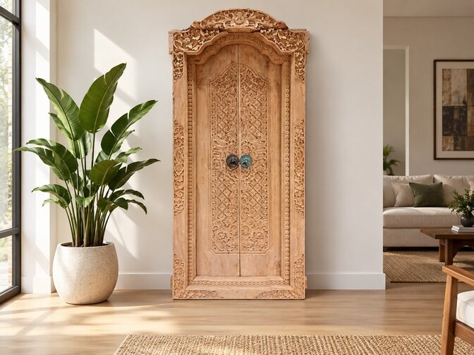 Indonesische Deur met kozijn - houtsnijwerk - 101x215cm