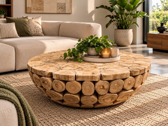Ronde salontafel van teakhout – Boomstammen – Ø 90 x 35cm