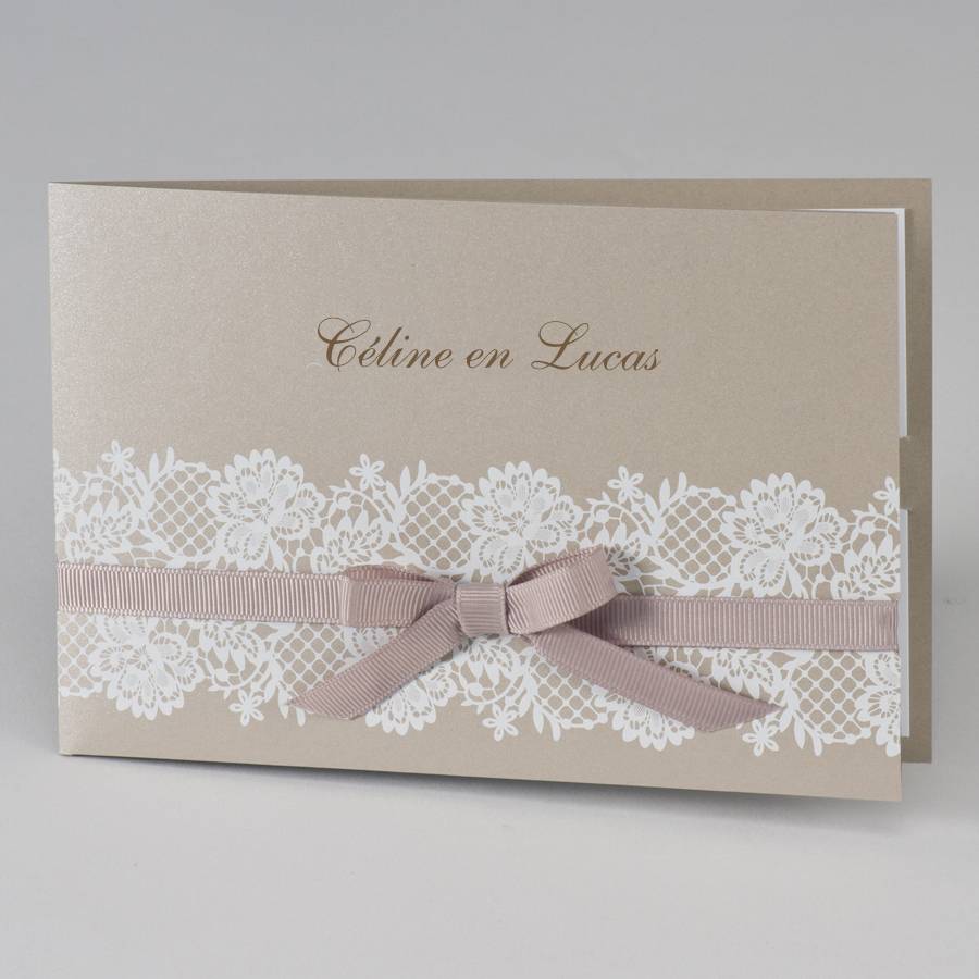 Welp Bruine glinsterende trouwkaart met witte kant - Printtijgers WE-13