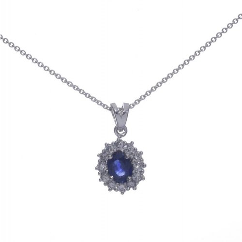 18 krt. witgouden collier met saffier en briljant geslepen diamanten 18 krt. witgouden collier met saffier en briljant geslepen diamanten