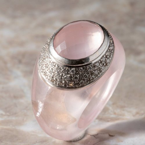 Rozenkwarts ring met 18k witgoud gezet met Briljant Rozenkwarts ring met 18k witgoud gezet met Briljant