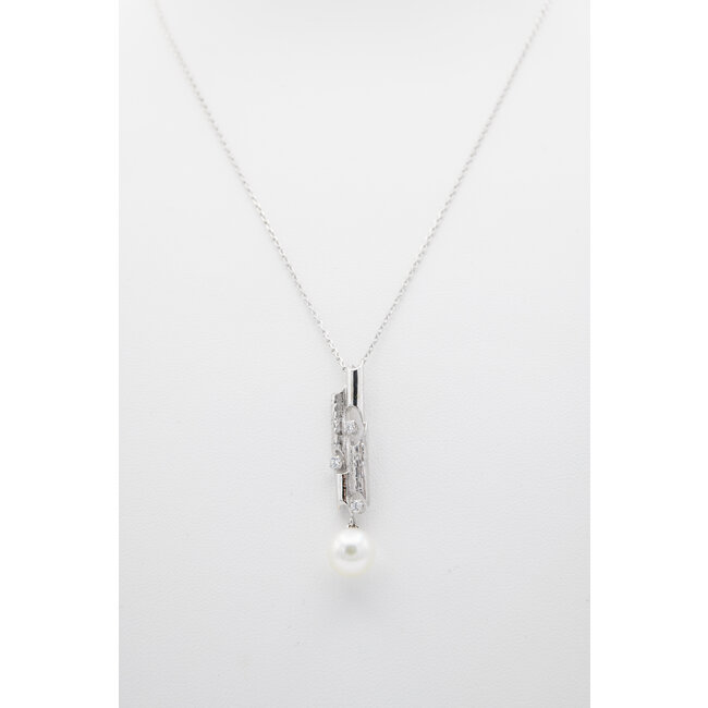 14k  witgouden collier en hanger met parel en briljant