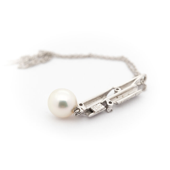 14k  witgouden collier en hanger met parel en briljant