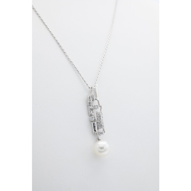 14k  witgouden collier en hanger met parel en briljant