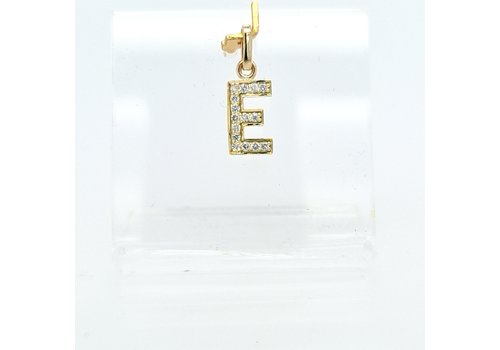  New 14 karaat geel gouden E letter hanger met 0.12  krt briljanten 1.3 cm totaal lengte, gewicht 0.70 gram 