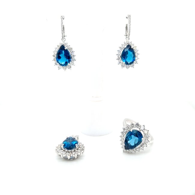 ROS  Jewel Design 18 krt. white gold set ring/ pendant/ earring with topaz and brilliant-cut diamonds