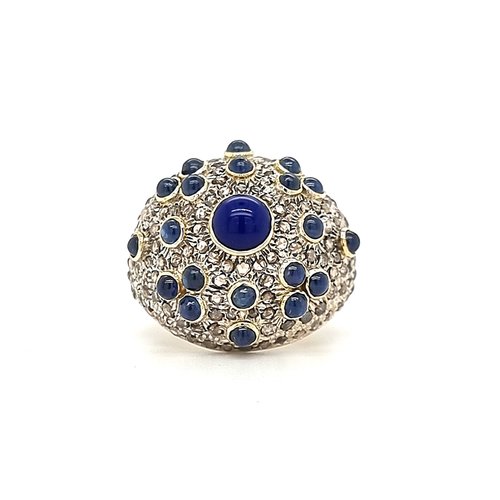 Occasion 14 krt. yellow gold and silver ring with sapphires and diamonds Occasion 14 krt. yellow gold and silver ring with sapphires and diamonds