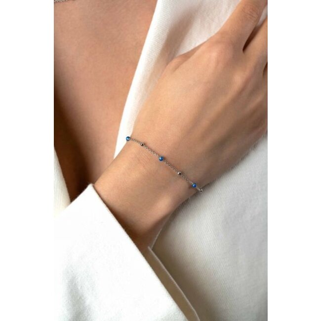 ZINZI zilveren fantasie armband met 5 blauwe donuts en glanzende bolletjes 17-19,5cm ZIA2511