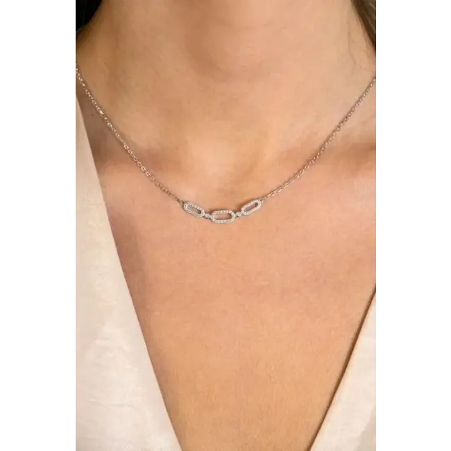 ZINZI zilveren ketting 45cm met drie ovale schakels, bezet met witte zirconia's ZIC2398